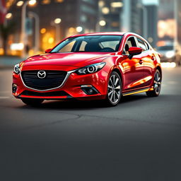 A 2016 red Mazda 3 with a sporty design, showcasing a sleek aerodynamic body, aggressive front grille, and stylish alloy wheels