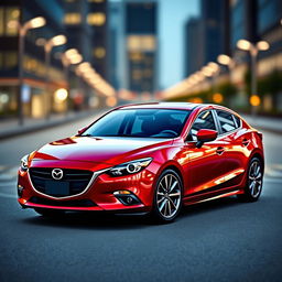 A 2016 red Mazda 3 with a sporty design, showcasing a sleek aerodynamic body, aggressive front grille, and stylish alloy wheels