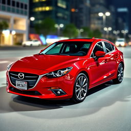 A 2016 red Mazda 3 with a sporty design, showcasing a sleek aerodynamic body, aggressive front grille, and stylish alloy wheels