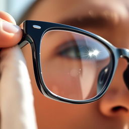 A close-up shot of a modern pair of eyeglasses, showcasing the lenses being cleaned with a soft microfiber cloth