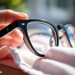 A close-up shot of a modern pair of eyeglasses, showcasing the lenses being cleaned with a soft microfiber cloth