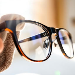 A close-up shot of a modern pair of eyeglasses, showcasing the lenses being cleaned with a soft microfiber cloth