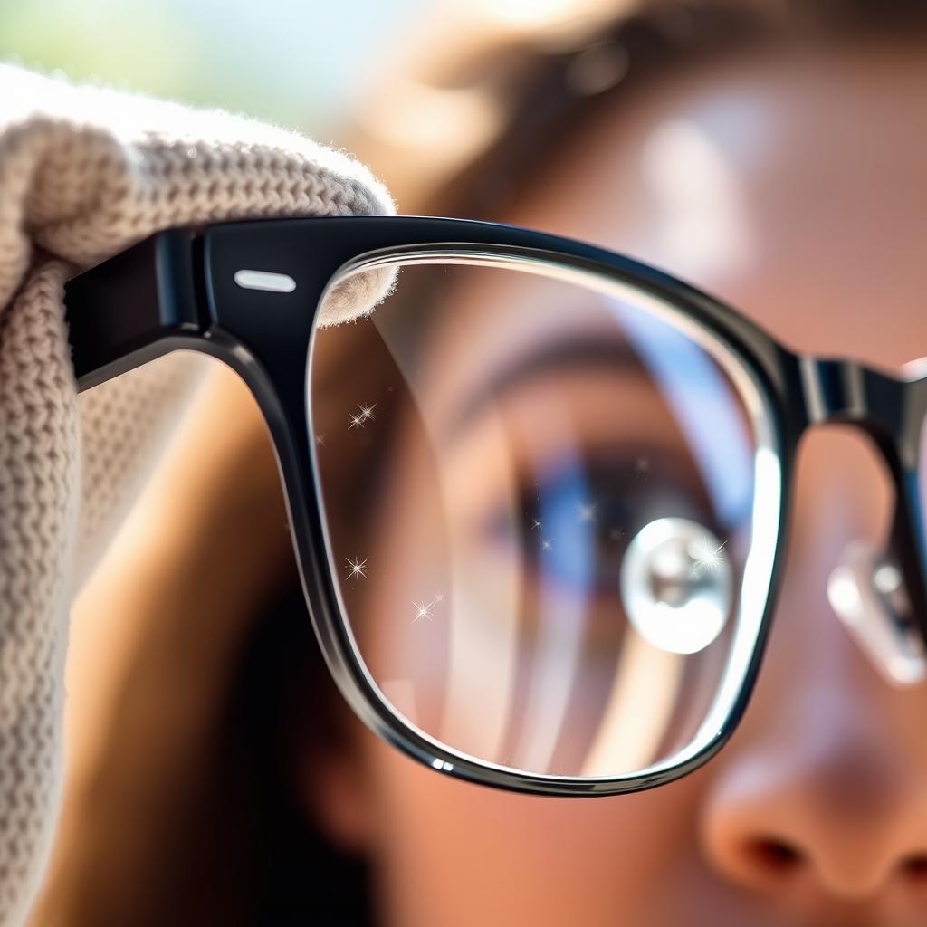 A close-up shot of a modern pair of eyeglasses, showcasing the lenses being cleaned with a soft microfiber cloth
