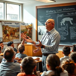 A history teacher, characterized by his short stature and bald head, is passionately engaging a class with a history lecture