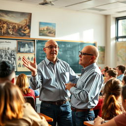 A history teacher, characterized by his short stature and bald head, is passionately engaging a class with a history lecture