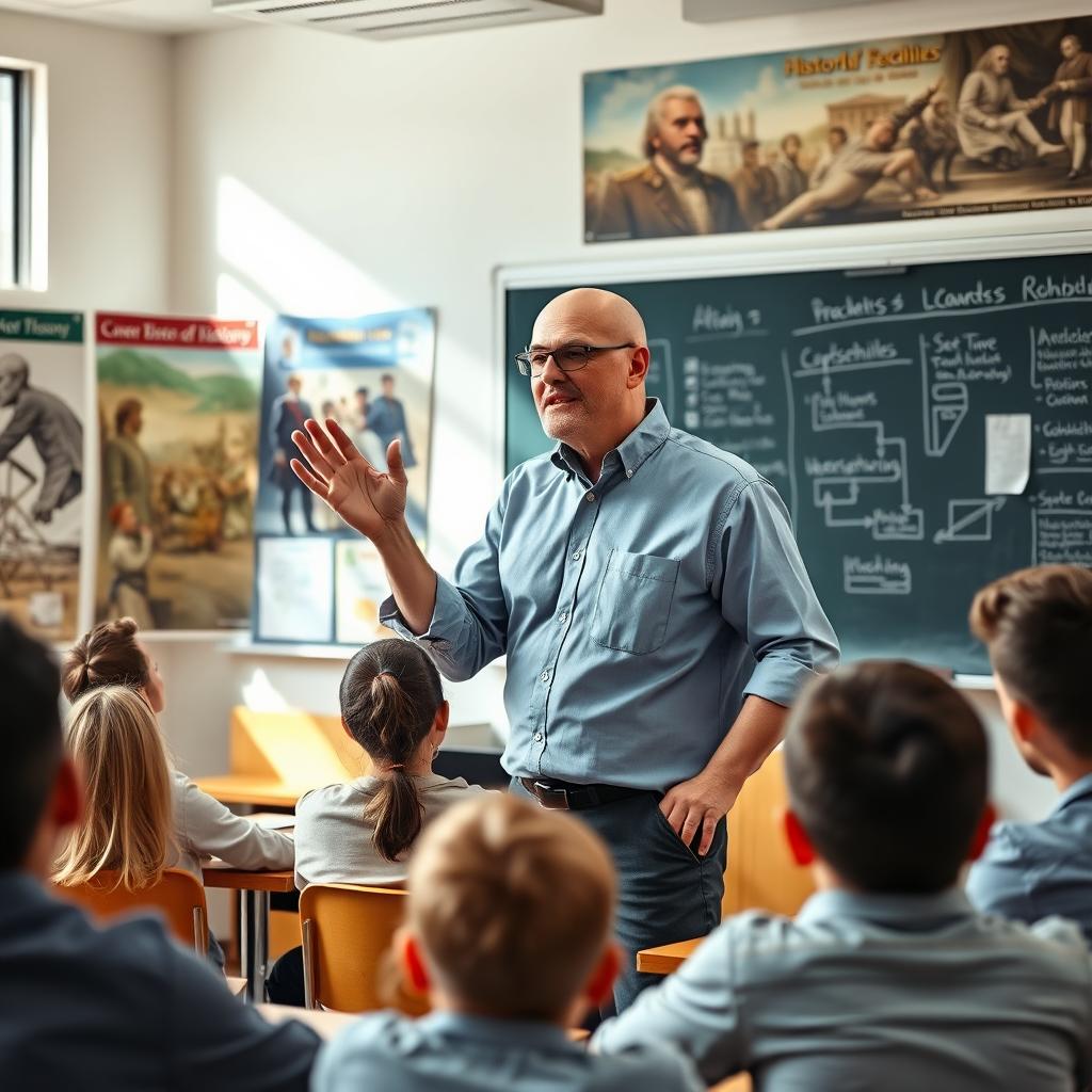 A history teacher, characterized by his short stature and bald head, is passionately engaging a class with a history lecture