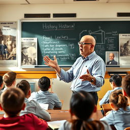 A history teacher, characterized by his short stature and bald head, is passionately engaging a class with a history lecture
