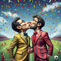 A surreal artistic representation of two figures, resembling Joan Laporta and Javier Tebas, engaged in a playful, exaggerated kiss under a colorful confetti sky