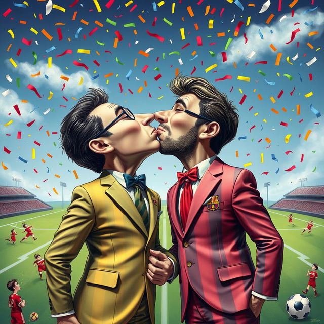 A surreal artistic representation of two figures, resembling Joan Laporta and Javier Tebas, engaged in a playful, exaggerated kiss under a colorful confetti sky