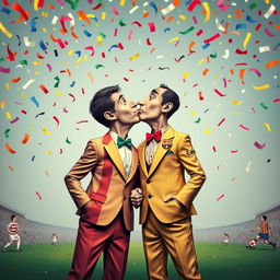 A surreal artistic representation of two figures, resembling Joan Laporta and Javier Tebas, engaged in a playful, exaggerated kiss under a colorful confetti sky
