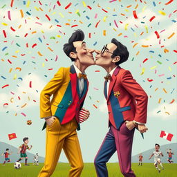 A surreal artistic representation of two figures, resembling Joan Laporta and Javier Tebas, engaged in a playful, exaggerated kiss under a colorful confetti sky