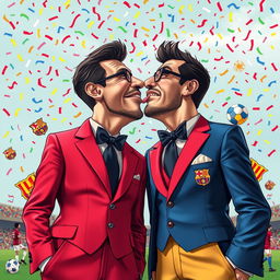 A surreal artistic representation of two figures, resembling Joan Laporta and Javier Tebas, engaged in a playful, exaggerated kiss under a colorful confetti sky