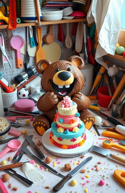 A cluttered dessert table filled with various baking tools and utensils scattered around