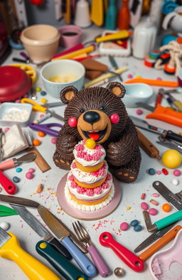 A cluttered dessert table filled with various baking tools and utensils scattered around