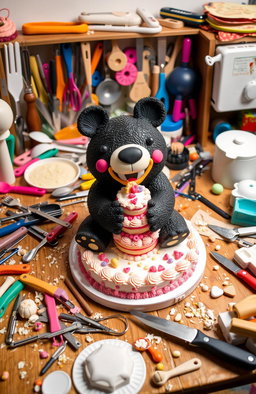A cluttered dessert table filled with various baking tools and utensils scattered around