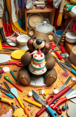 A cluttered dessert table filled with various baking tools and utensils scattered around