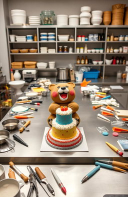 A professional kitchen with a large, stainless-steel work table in the center