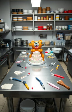 A professional kitchen with a large, stainless-steel work table in the center