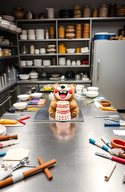 A professional kitchen with a large, stainless-steel work table in the center