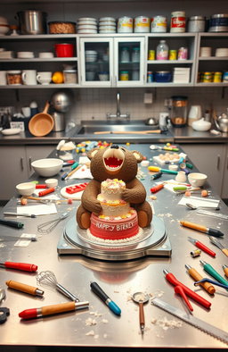 A professional kitchen with a large, stainless-steel work table in the center