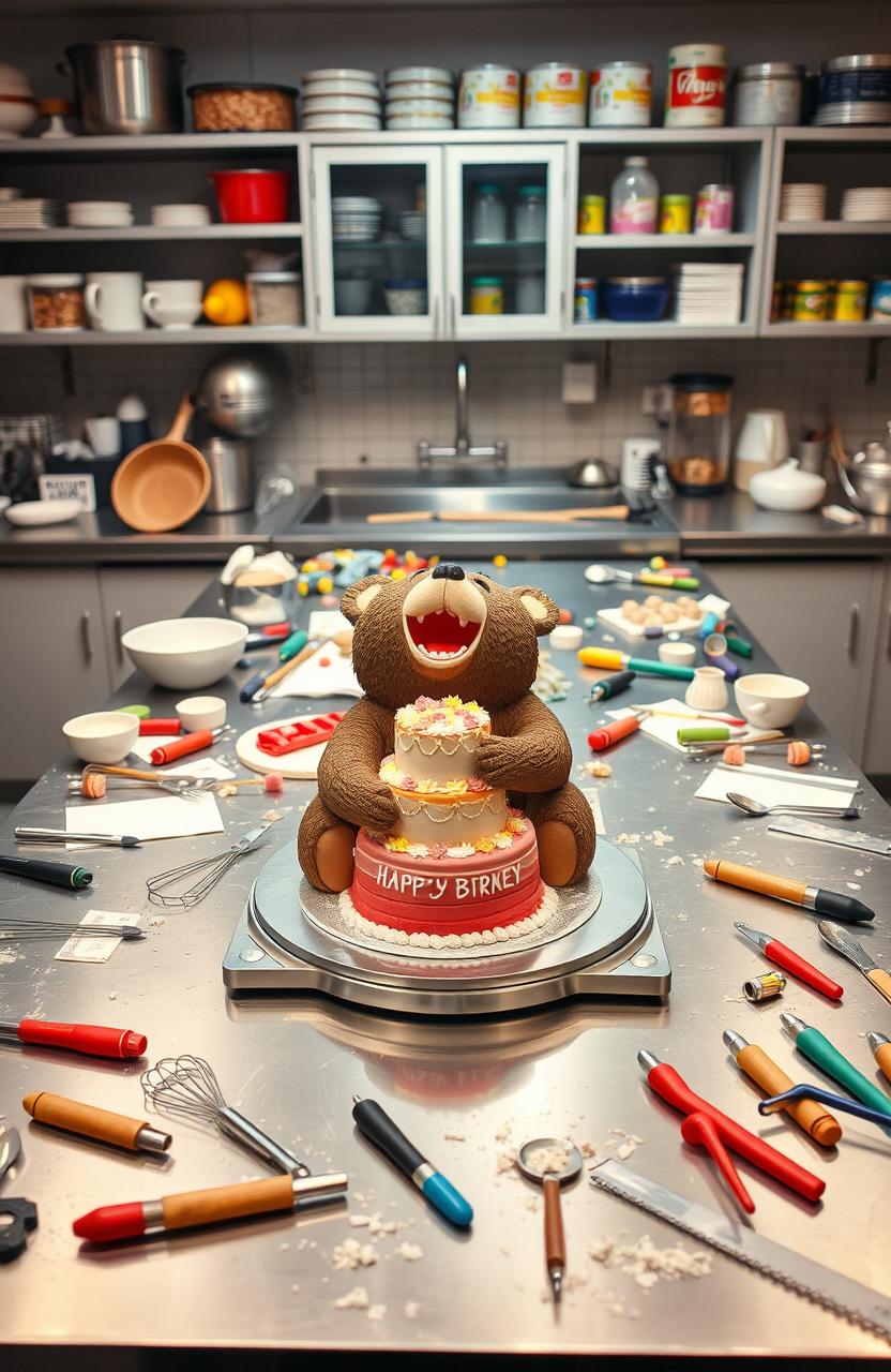 A professional kitchen with a large, stainless-steel work table in the center