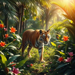 A captivating scene of a majestic tiger prowling through a lush, green jungle