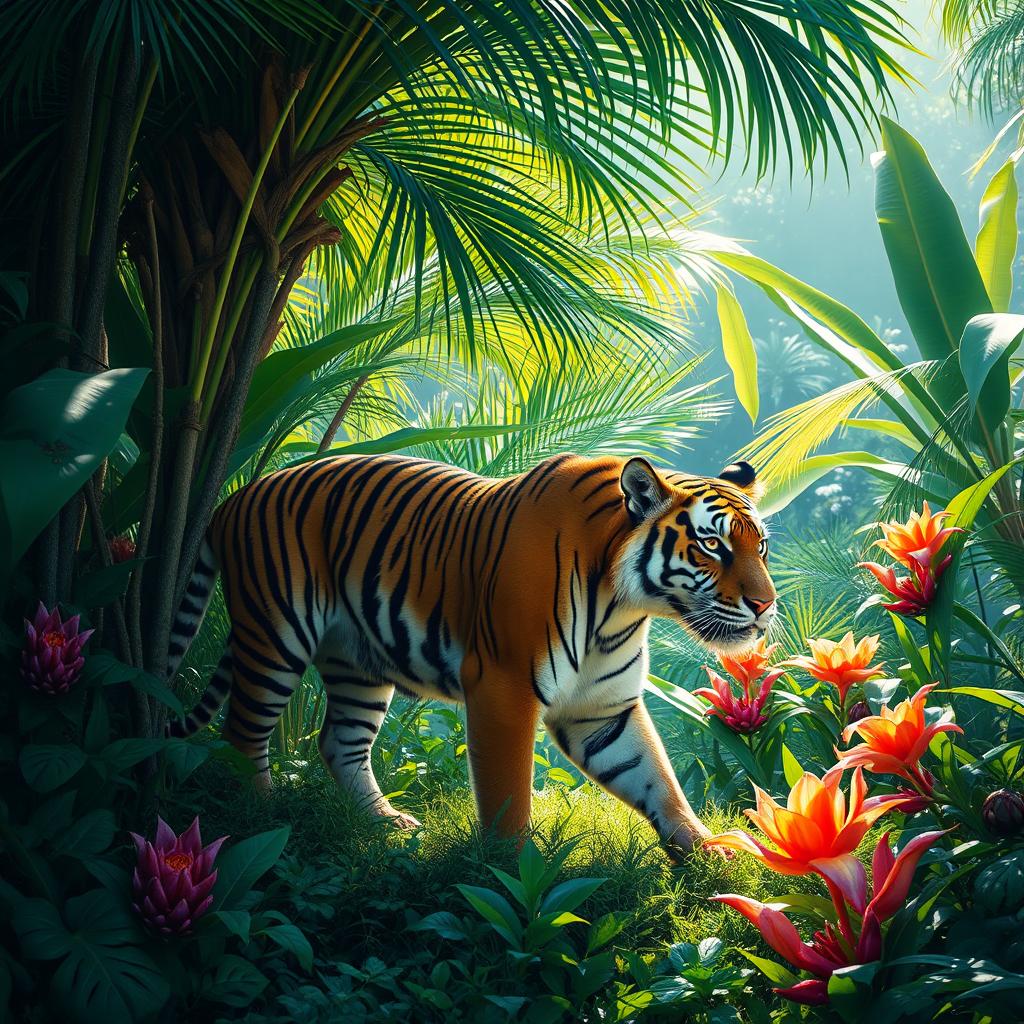 A captivating scene of a majestic tiger prowling through a lush, green jungle