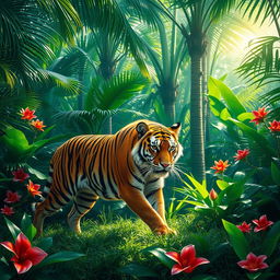 A captivating scene of a majestic tiger prowling through a lush, green jungle