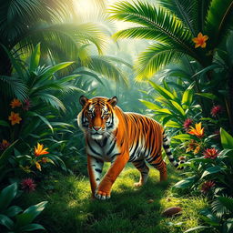 A captivating scene of a majestic tiger prowling through a lush, green jungle