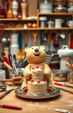 A professional kitchen filled with baking utensils in a slightly messy arrangement on a work table