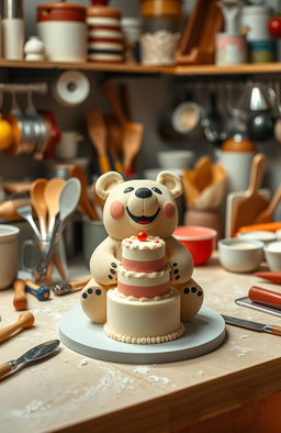 A professional kitchen filled with baking utensils in a slightly messy arrangement on a work table