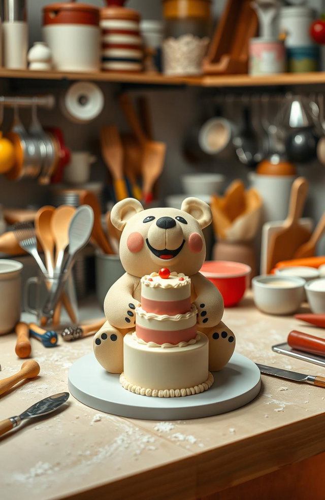 A professional kitchen filled with baking utensils in a slightly messy arrangement on a work table