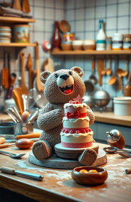 A professional kitchen filled with baking utensils in a slightly messy arrangement on a work table