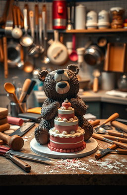 A professional kitchen filled with baking utensils in a slightly messy arrangement on a work table