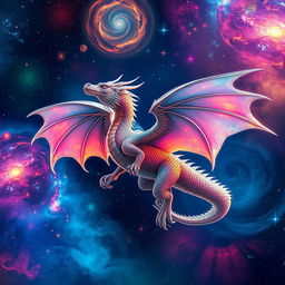 A vivid portrait of a celestial dragon floating gracefully among colorful stars and nebulae in space