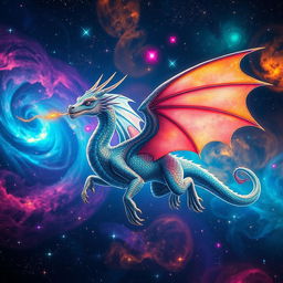 A vivid portrait of a celestial dragon floating gracefully among colorful stars and nebulae in space