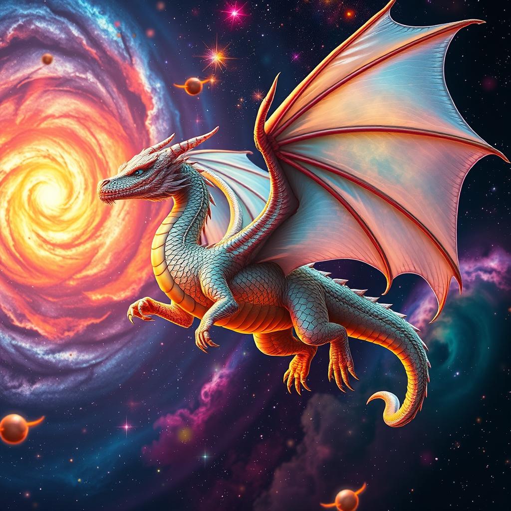 A vivid portrait of a celestial dragon floating gracefully among colorful stars and nebulae in space