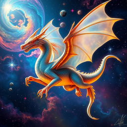 A vivid portrait of a celestial dragon floating gracefully among colorful stars and nebulae in space