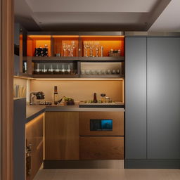 A luxurious, modern kitchen fitting into a small space with bright, vibrant colors complemented by wooden textures. A special section dedicated to wine storage is included.