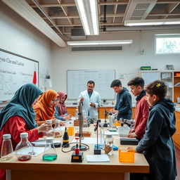 A vibrant physics laboratory where a group of Muslim girls and Iranian boys are engaged in an exciting competition with their professor