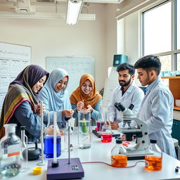 A vibrant physics laboratory where a group of Muslim girls and Iranian boys are engaged in an exciting competition with their professor