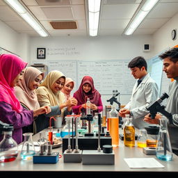 A vibrant physics laboratory where a group of Muslim girls and Iranian boys are engaged in an exciting competition with their professor