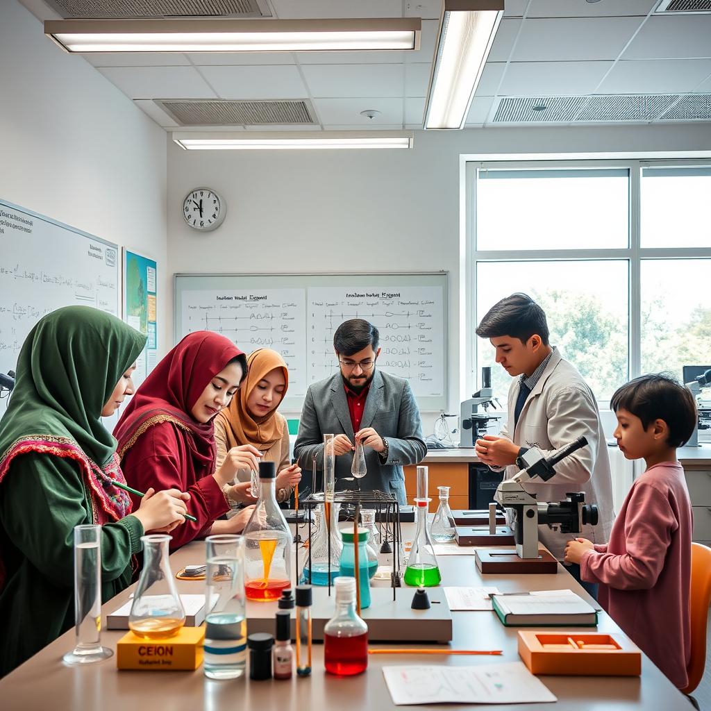 A vibrant physics laboratory where a group of Muslim girls and Iranian boys are engaged in an exciting competition with their professor
