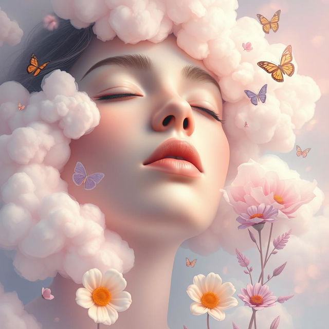 A surreal digital artwork featuring a person with their mouth closed, surrounded by a whimsical environment filled with floating clouds and colorful abstract shapes