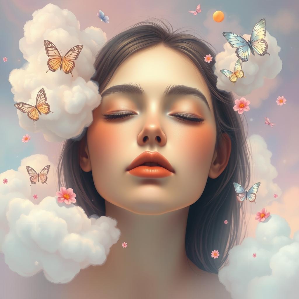 A surreal digital artwork featuring a person with their mouth closed, surrounded by a whimsical environment filled with floating clouds and colorful abstract shapes