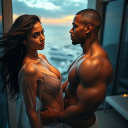 A captivating full-length photoshoot capturing a hot, sultry couple on a luxury balcony