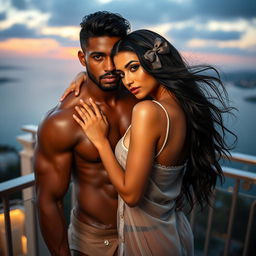 A captivating full-length photoshoot capturing a hot, sultry couple on a luxury balcony