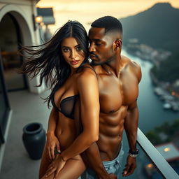 A captivating full-length photoshoot capturing a hot, sultry couple on a luxury balcony