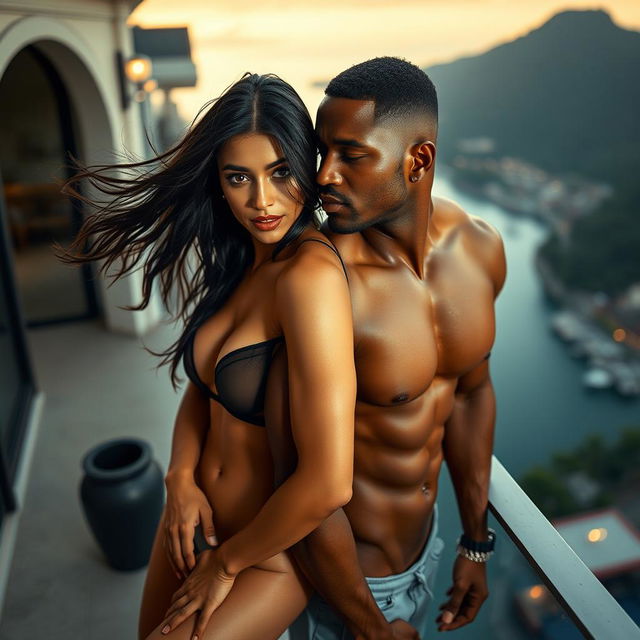 A captivating full-length photoshoot capturing a hot, sultry couple on a luxury balcony