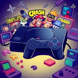 A creative visual representation of the PlayStation 1, showcasing its iconic design and controller alongside a vibrant collage of popular games from the era like Final Fantasy VII, Crash Bandicoot, and Metal Gear Solid